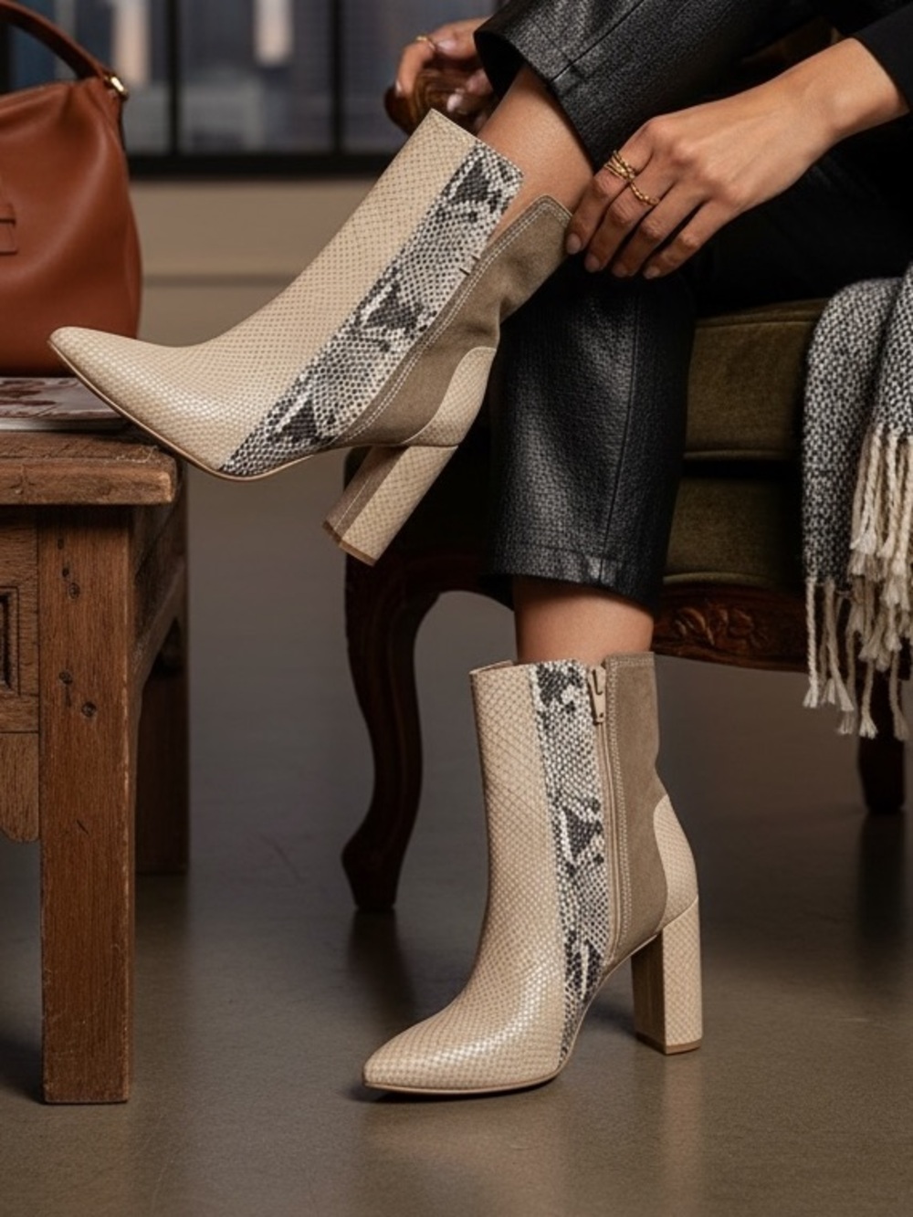 Matisse Beige and Taupe Suede Snake-Panel Block Heel Booties